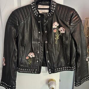 Cinq a Sept Black Leather Jacket with Studded Floral Details